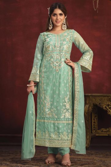 Sea Green Color Wedding Wear Organza Fabric Embroidered Designer Long Salwar Suit