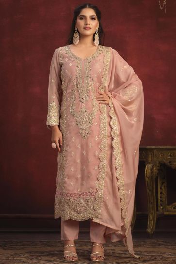 Pink Color Reception Wear Embroidered Organza Fabric Designer Long Suit
