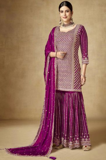 Function Wear Magenta Color Embroidered Readymade Palazzo Suit In Chinon Fabric