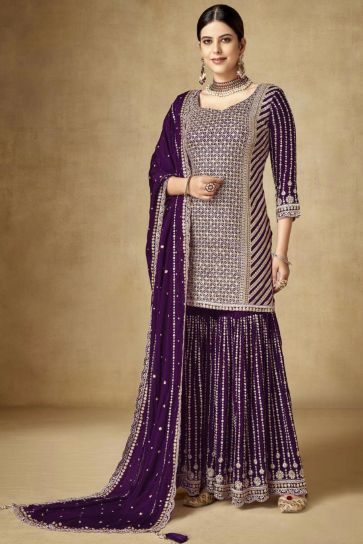 Purple Color Function Wear Embroidered Readymade Palazzo Salwar Suit In Chinon Fabric