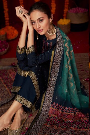 Navy Blue Color Function Wear Embroidered Designer Long Straight Cut Salwar Suit In Viscose Fabric