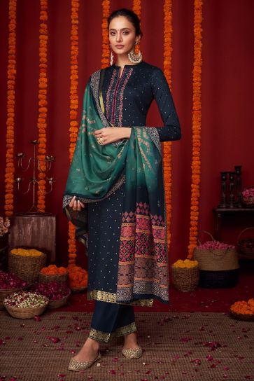 Navy Blue Color Function Wear Embroidered Designer Long Straight Cut Salwar Suit In Viscose Fabric
