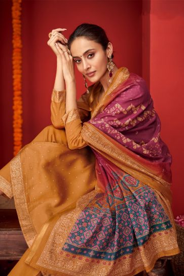 Viscose Fabric Embroidered Function Wear Designer Long Straight Cut Salwar Suit In Brown Color
