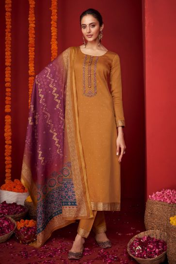 Viscose Fabric Embroidered Function Wear Designer Long Straight Cut Salwar Suit In Brown Color