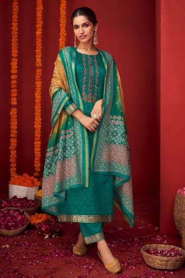 Teal Color Function Wear Embroidered Designer Long Straight Cut Salwar Kameez In Viscose Fabric