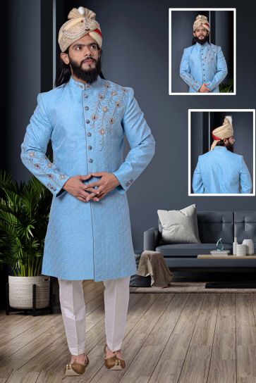 Jacquard Fabric Sky Blue Color Beguiling Wedding Wear Sherwani