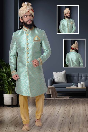 Sea Green Color Jacquard Fabric Ravishing Wedding Wear Sherwani