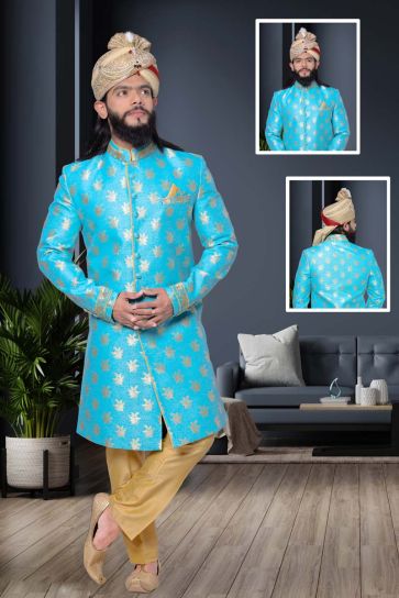 Cyan Color Tempting Wedding Wear Sherwani In Jacquard Fabric