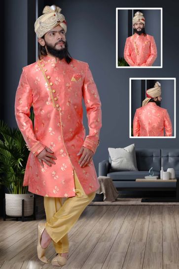Excellent Jacquard Fabric Rust Color Wedding Wear Sherwani
