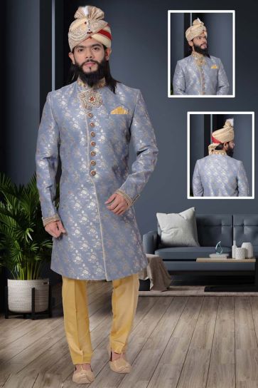Pleasance Dark Grey Color Jacquard Fabric Wedding Wear Sherwani