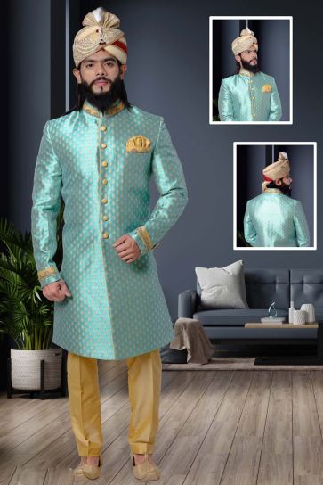 Incredible Jacquard Fabric Sea Green Color Wedding Wear Sherwani