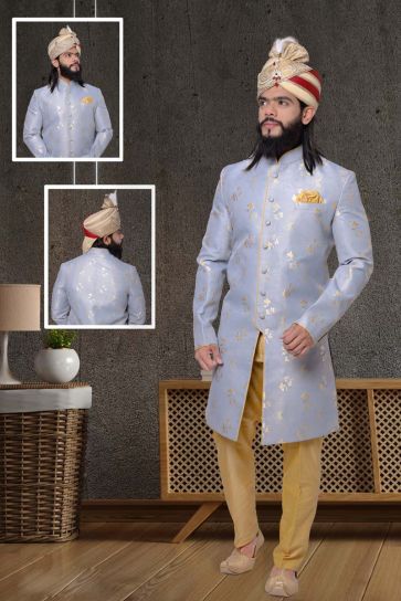 Charismatic Jacquard Fabric Grey Color Wedding Wear Sherwani
