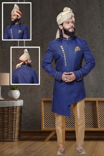 Jacquard Fabric Navy Blue Color Wedding Wear Vivacious Sherwani