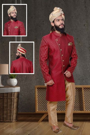 Wonderful Maroon Color Jacquard Fabric Wedding Wear Sherwani