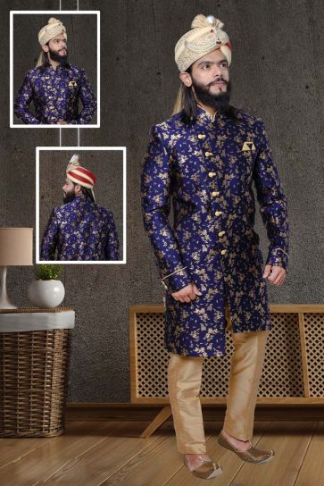 Intriguing Navy Blue Color Jacquard Fabric Wedding Wear Sherwani