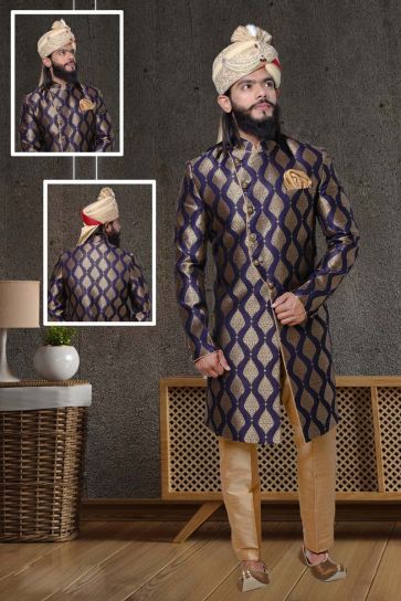 Provocative Navy Blue Color Wedding Wear Sherwani In Jacquard Fabric