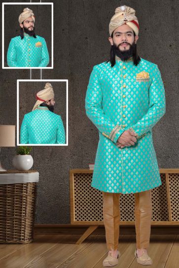 Winsome Jacquard Fabric Wedding Wear Sherwani In Sea Green Color