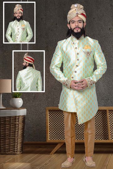 Superior Jacquard Fabric Wedding Wear Sherwani In Olive Color