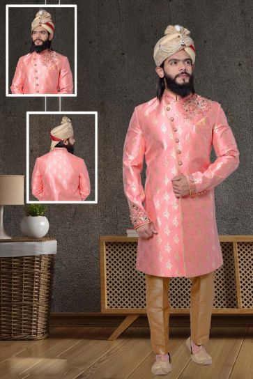 Radiant Peach Color Jacquard Fabric Wedding Wear Sherwani