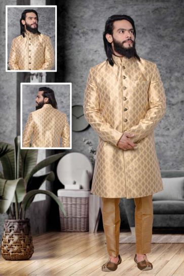 Fascinating Golden Color Wedding Wear Sherwani In Jacquard Fabric