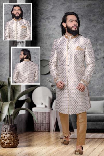 Jacquard Fabric Off White Color Wedding Wear Trendy Textured Sherwani