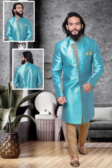 Creative Jacquard Fabric Wedding Wear Sherwani In Cyan Color