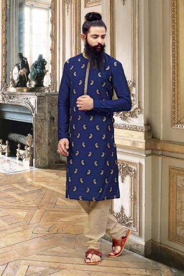 Captivating Blue Color Art Silk Sangeet Wear Trendy Readymade Kurta Pyjama For Men