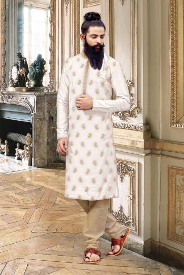 Fetching Cream Color Art Silk Wedding Wear Designer Readymade Kurta Pyjama For Men