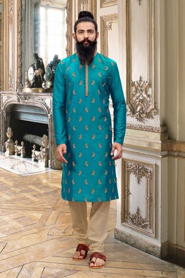 Gorgeous Cyan Color Art Silk Reception Wear Trendy Readymade Kurta Pyjama For Men