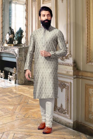 Stunning Grey Color Jacquard Festive Wear Stylish Readymade Kurta Pyjama For Men