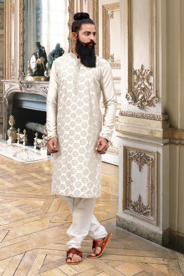 Pretty Off White Color Art Silk Wedding Wear Designer Readymade Kurta Pyjama For Men