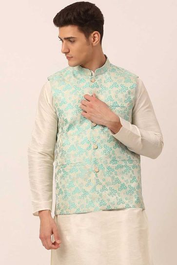 Intricate Art Silk Fabric Cyan Color Function Wear Jacket