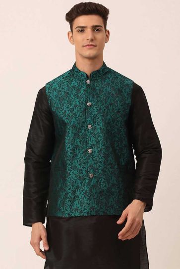 Green Color Engrossing Function Wear Jacket In Art Silk Fabric