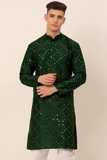 Function Wear Art Silk Fabric Supreme Kurta In Dark Green Color