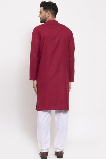 Solid Cotton Fabric Maroon Color Function Wear Kurta Pyjama