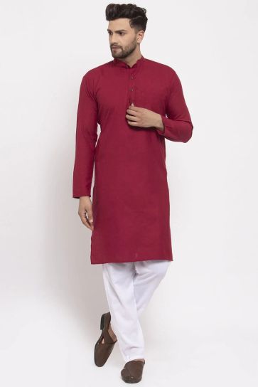 Solid Cotton Fabric Maroon Color Function Wear Kurta Pyjama