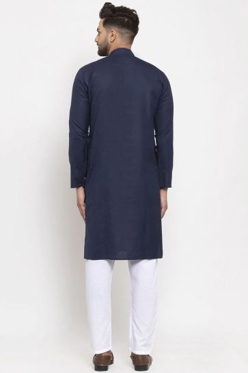 Navy Blue Color Function Wear Brilliant Kurta Pyjama In Cotton Fabric