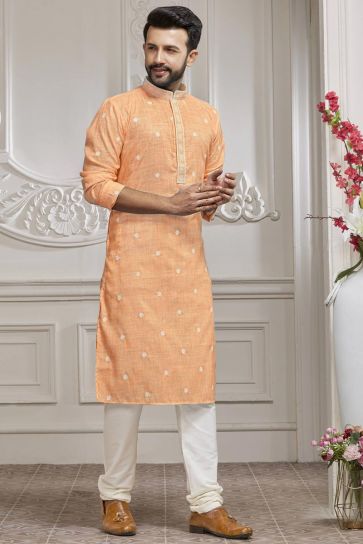Engaging Orange Color Embroidered Cotton Fabric Kurta Pyjama