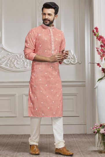 Fetching Cotton Fabric Embroidered Kurta Pyjama In Peach Color