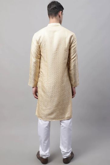 Sober Cotton Fabric Readymade Kurta Pyjama In Beige Color