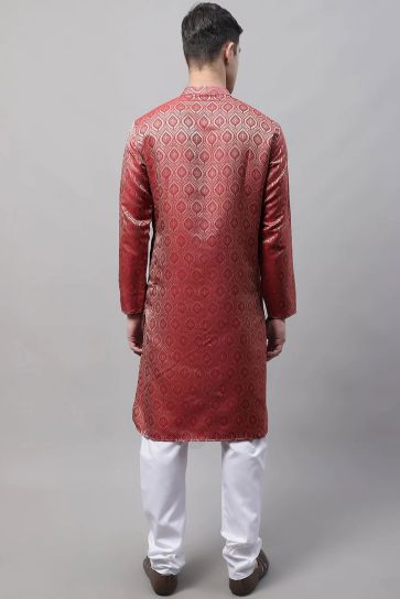 Graceful Maroon Color Cotton Fabric Readymade Kurta Pyjama For Men