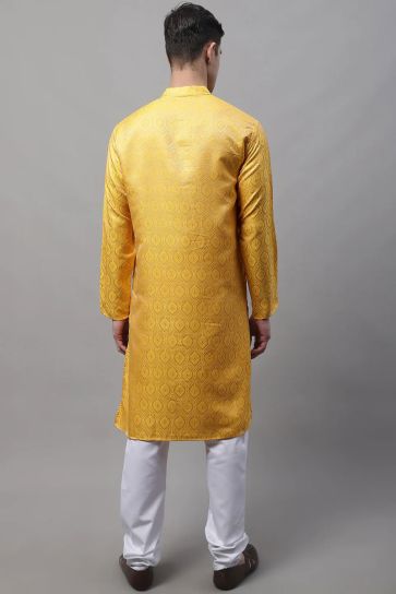 Yellow Color Cotton Fabric Magnificent Readymade Kurta Pyjama For Men