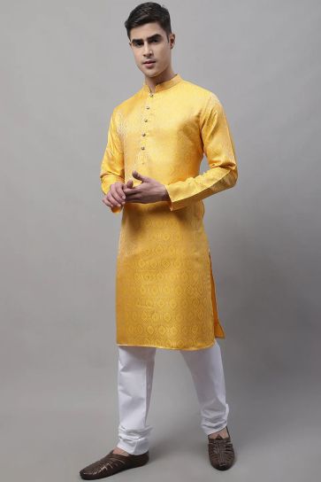 Yellow Color Cotton Fabric Magnificent Readymade Kurta Pyjama For Men
