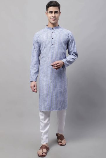 Cotton Fabric Readymade Kurta Pyjama For Men In Artistic Blue Color