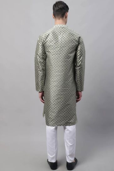 Trendy Textured Olive Color Art Silk Fabric Readymade Kurta Pyjama For Men