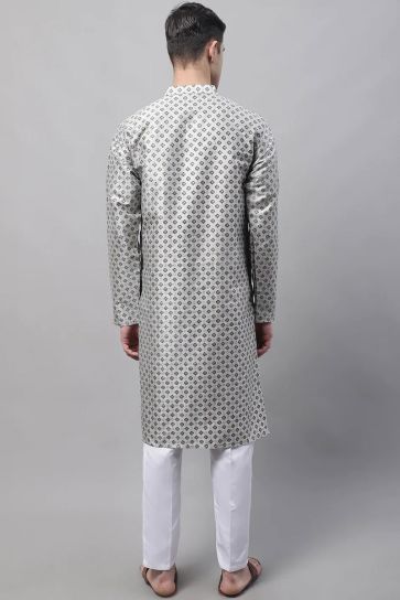 Intriguing Grey Color Readymade Kurta Pyjama For Men In Art Silk Fabric