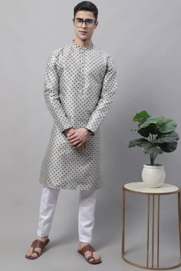 Intriguing Grey Color Readymade Kurta Pyjama For Men In Art Silk Fabric