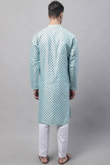 Sky Blue Color Art Silk Fabric Engrossing Readymade Kurta Pyjama For Men