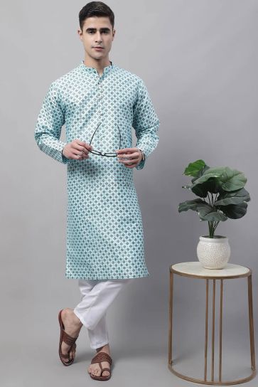 Sky Blue Color Art Silk Fabric Engrossing Readymade Kurta Pyjama For Men