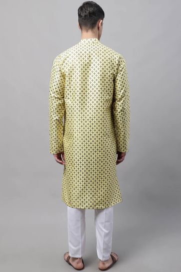 Yellow Color Readymade Kurta Pyjama For Men In Art Silk Fabric